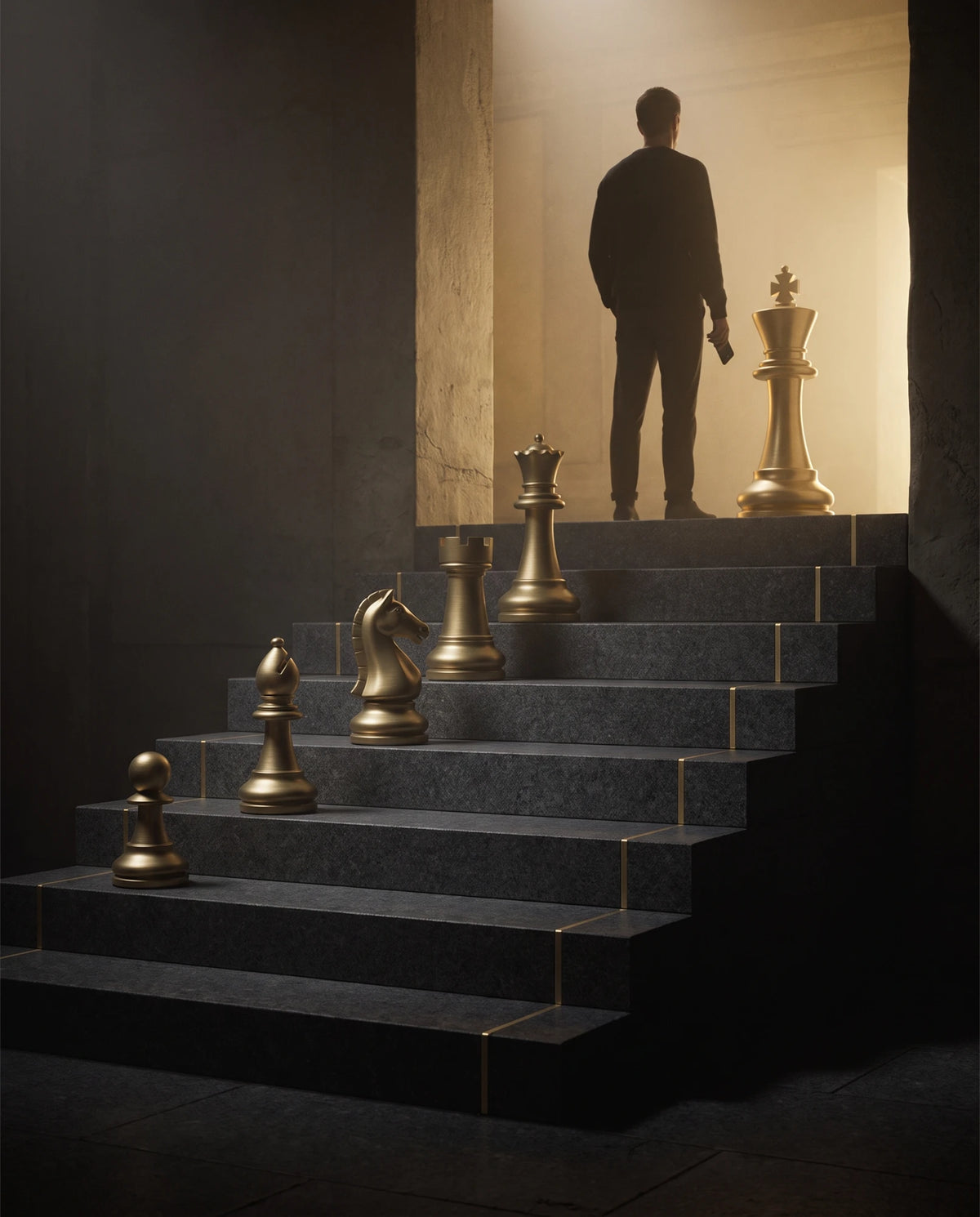 Goldene Schachfiguren auf einer Treppe, oben ein Mann neben dem König