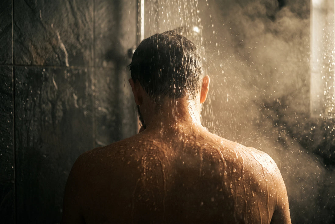Mann unter einer heißen Dusche, von hinten